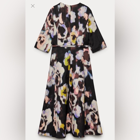 ZARA NWT Medium Abstract Floral Print Flared Hem Dress Fabric Belt MIDI Dress - Picture 6 of 15